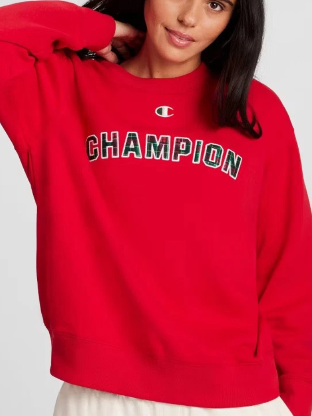 Champion Red Crewneck Sweatshirt with Plaid Lettering
